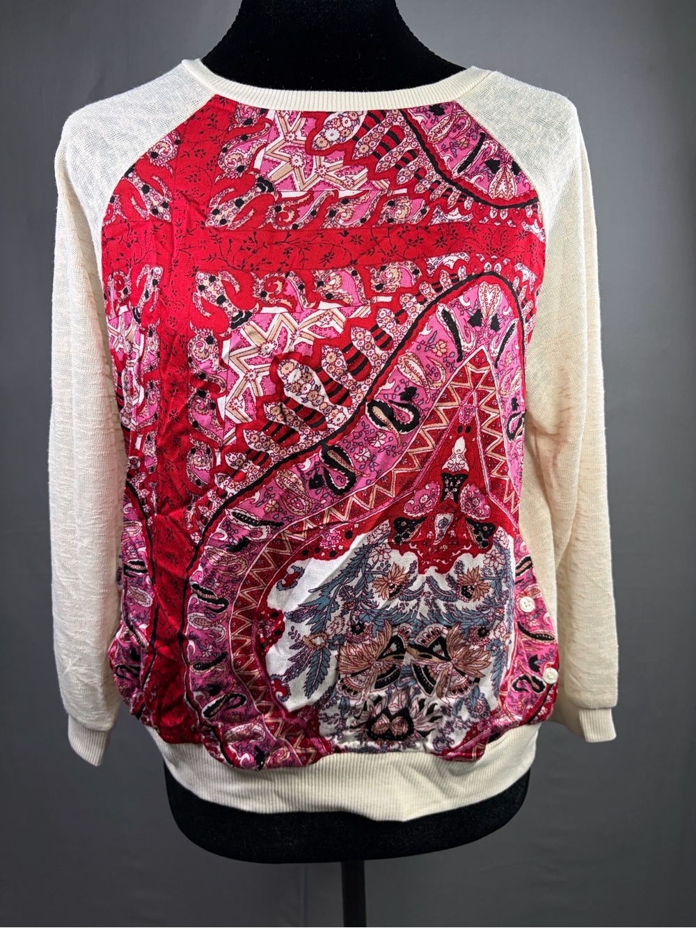 Anthropologie Cream Raglan Sweatshirt with Red and Pink Paisley Front
